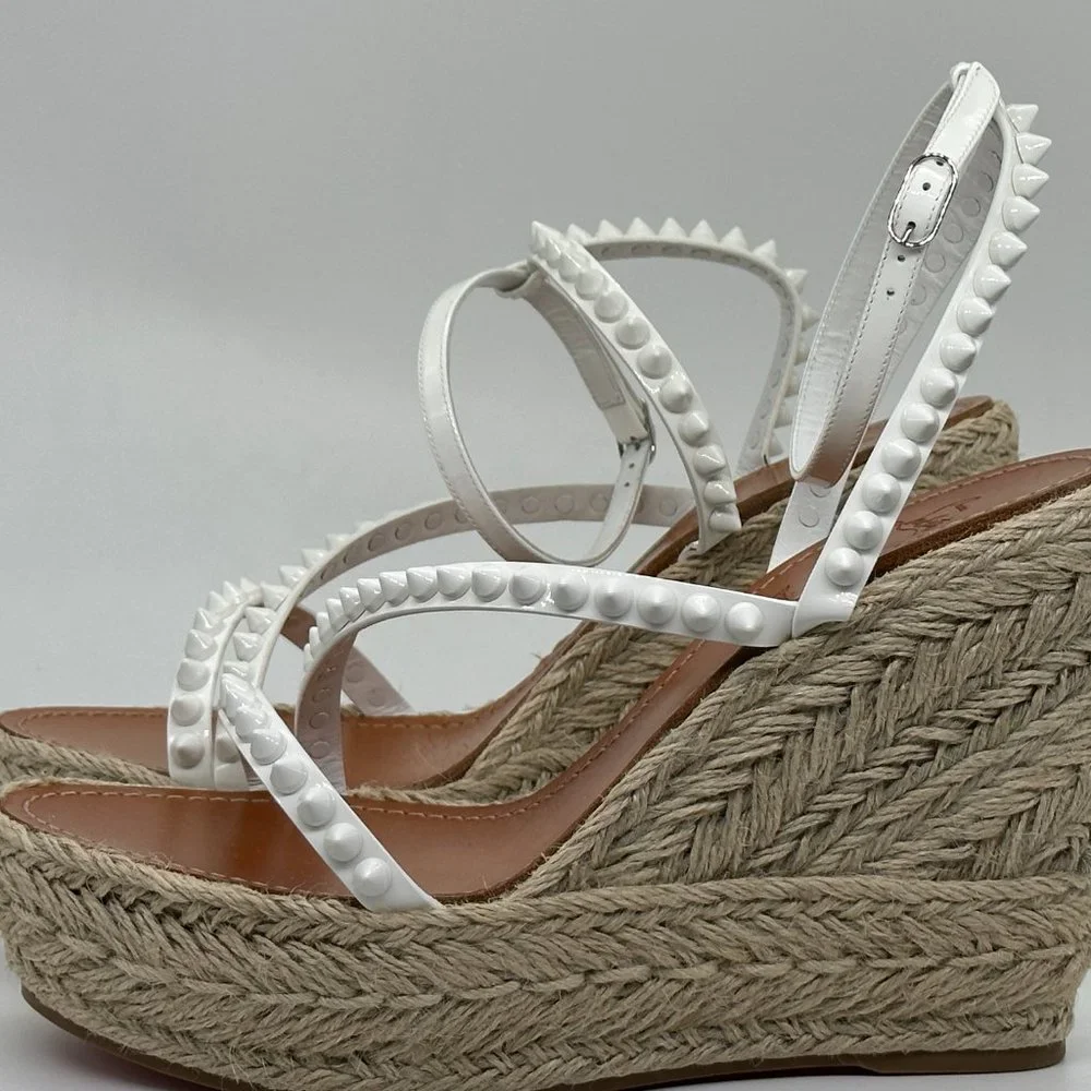 Christian Louboutin White Studded Espadrille Wedge Sandals